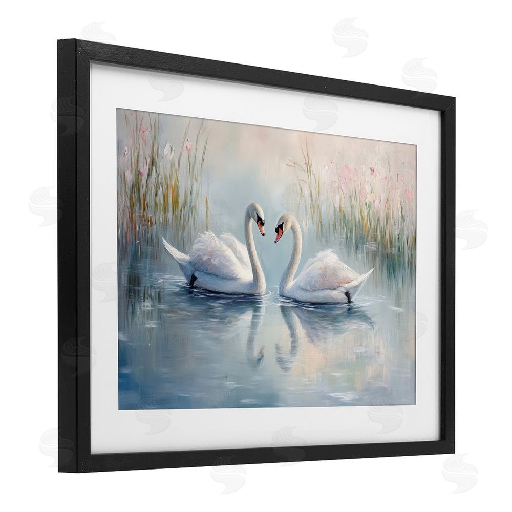 Petal Prints Design Simple Swan Reflections Black Framed Print Under Glass with White Mat Wall Art