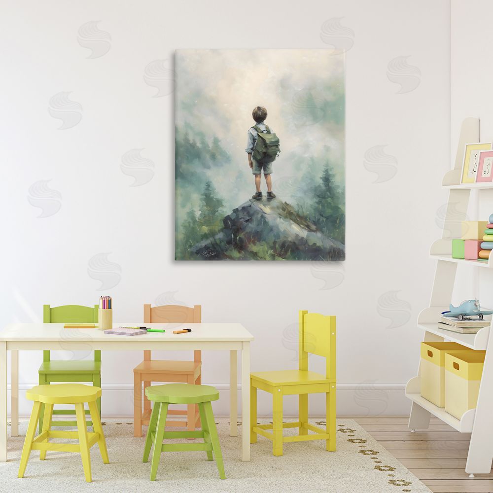 Arlington Prints Boy Adventurer Atop Mountain Stretched Canvas Wall Art Print in Room