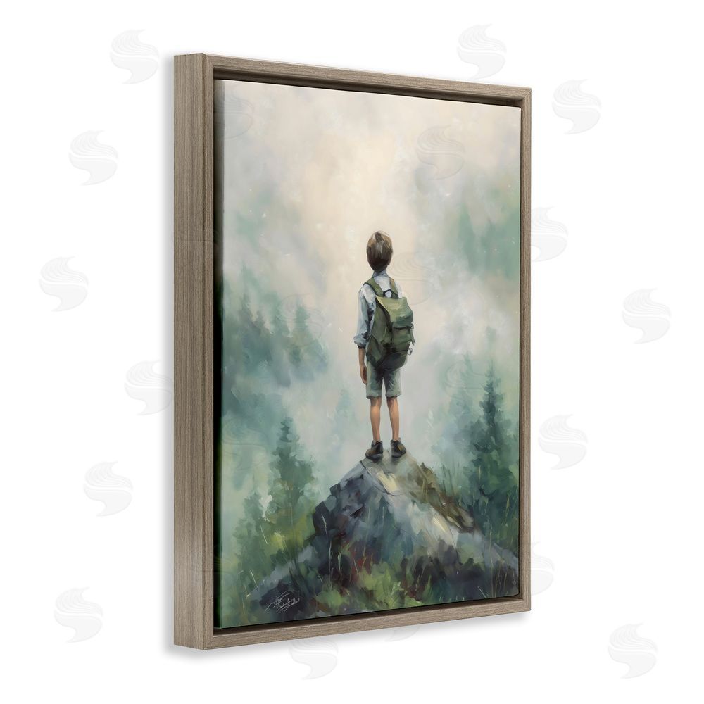 Arlington Prints Boy Adventurer Atop Mountain Brown Floating Frame Canvas Wall Art Print