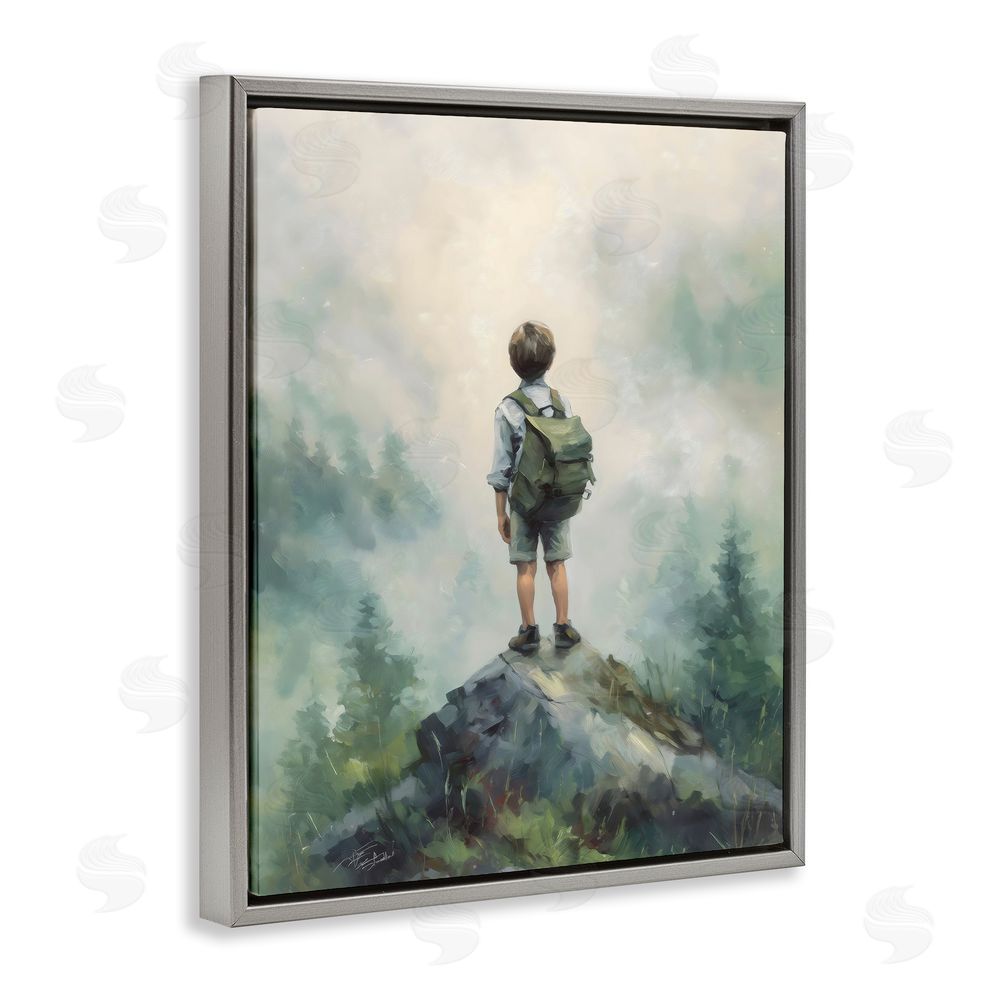 Arlington Prints Boy Adventurer Atop Mountain Gray Floating Frame Canvas Wall Art Print