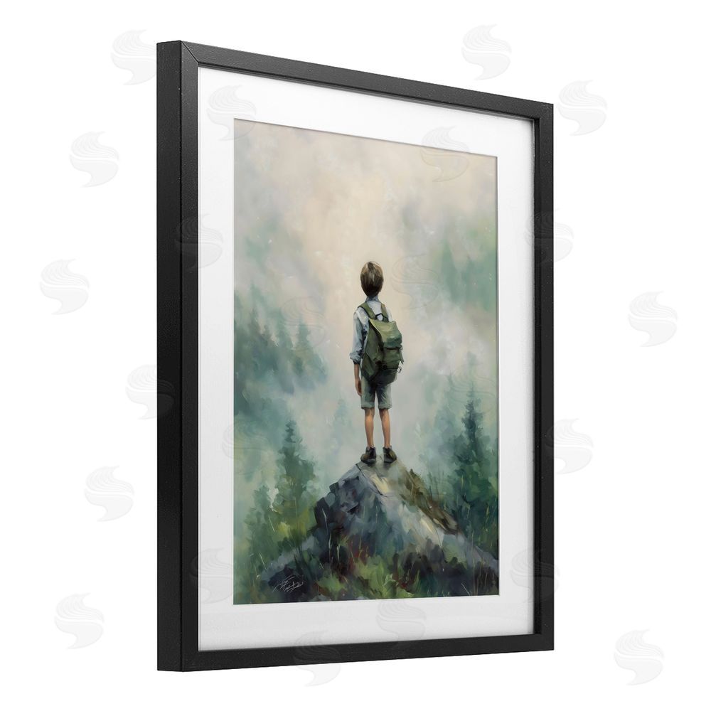 Arlington Prints Boy Adventurer Atop Mountain Black Framed Print Under Glass Wall Art