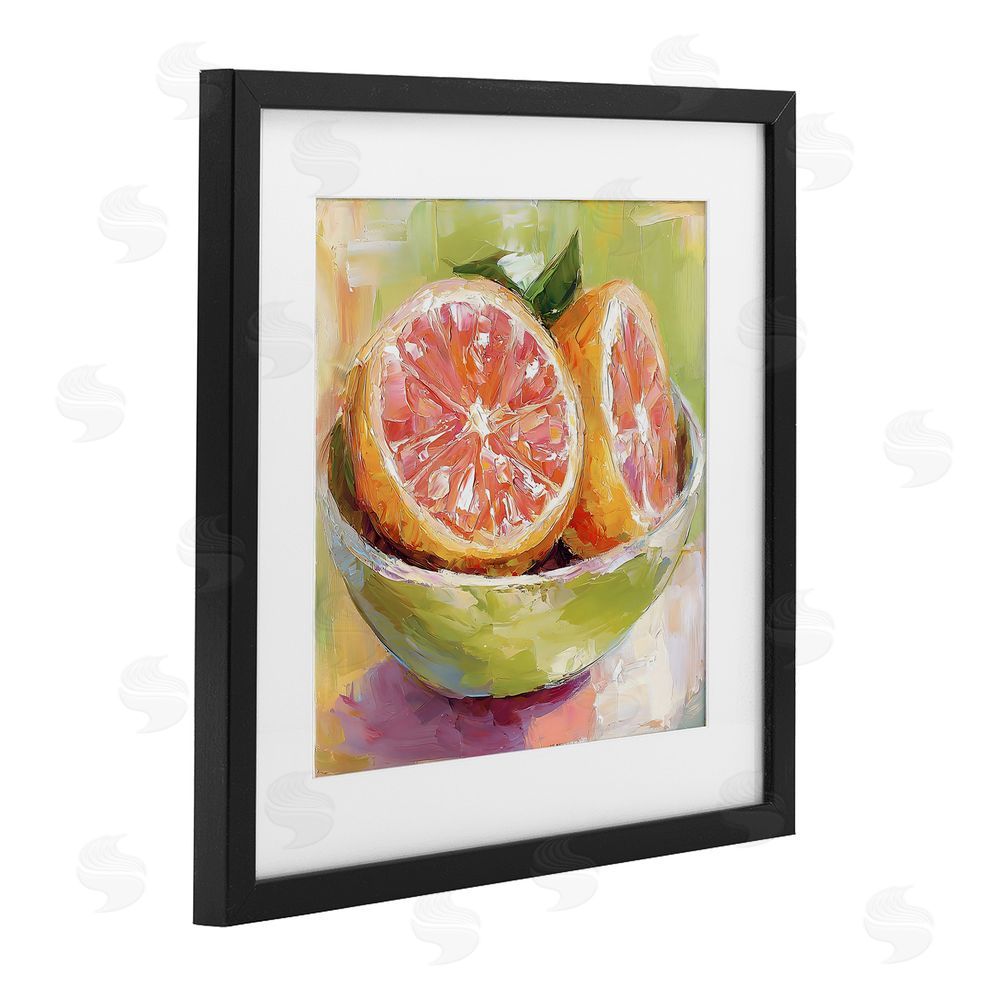 Riley B Sliced Grapefruit in Bowl Black Framed Print Under Glass with White Mat Wall Art