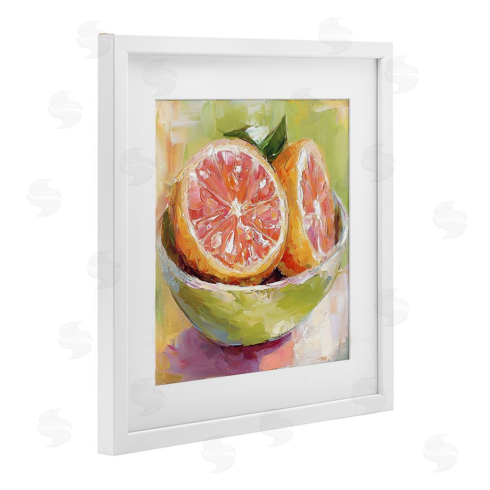 Riley B Sliced Grapefruit in Bowl White Framed Print Under Glass with White Mat Wall Art