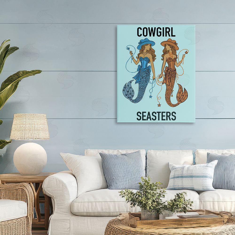 Amelia Noyes Cowgirl Seasters Mermaid Friendship Stretched Canvas Wall Art Print in Room