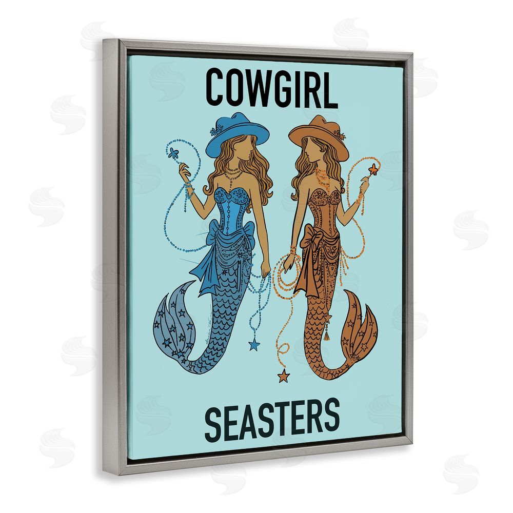 Amelia Noyes Cowgirl Seasters Mermaid Friendship Gray Floating Frame Canvas Wall Art Print