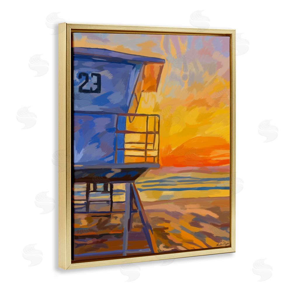 Amelia Noyes Lifeguard Stand Sunset Gold Floating Frame Canvas Wall Art