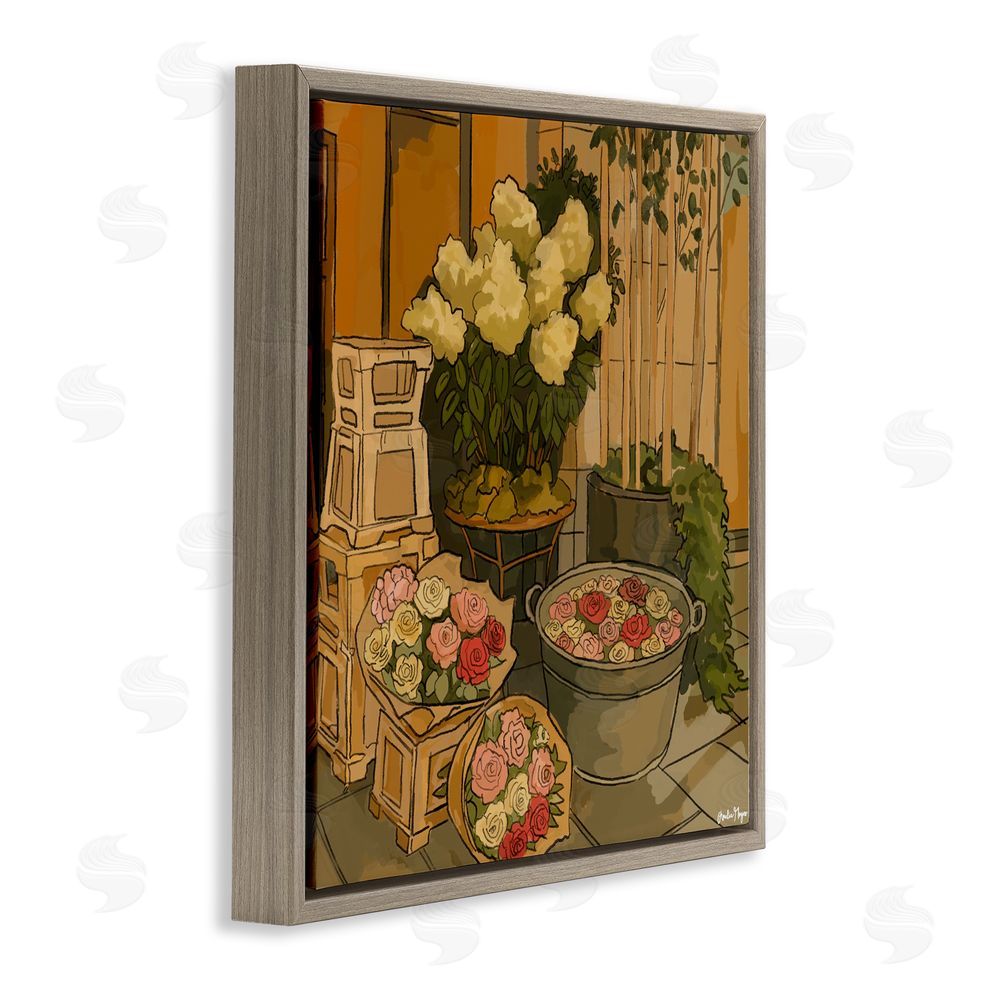 Amelia Noyes London Town Flowers Brown Floating Frame Canvas Wall Art