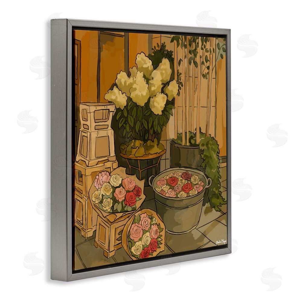 Amelia Noyes London Town Flowers Gray Floating Frame Canvas Wall Art