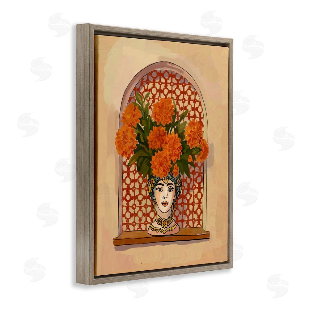 Amelia Noyes Ornate Flower Head Vase Brown Floating Frame Canvas Wall Art Print