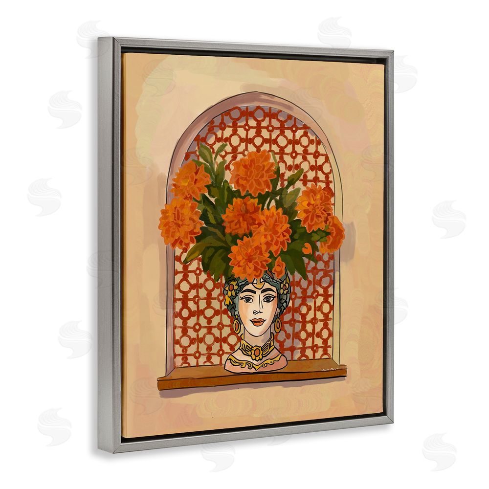 Amelia Noyes Ornate Flower Head Vase Gray Floating Frame Canvas Wall Art Print