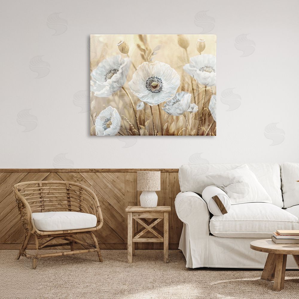 Kim Allen White Poppies Beige Field Stretched Canvas Wall Art in Room