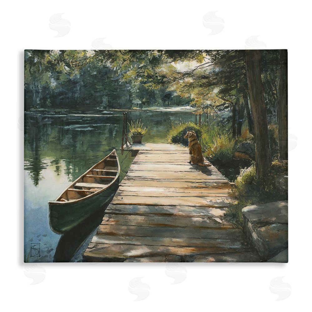 Sara Culpepper Lake Life Dog on Dock Stretched Canvas Wall Art Print