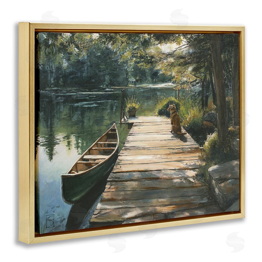 Sara Culpepper Lake Life Dog on Dock Gold Floating Frame Canvas Wall Art Print