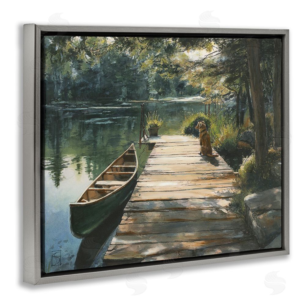 Sara Culpepper Lake Life Dog on Dock Gray Floating Frame Canvas Wall Art Print