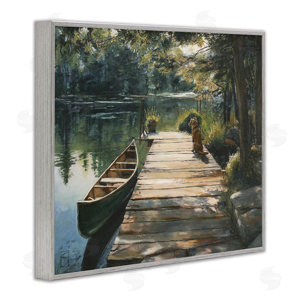 Sara Culpepper Lake Life Dog on Dock Gray Framed Giclee Print Wall Art