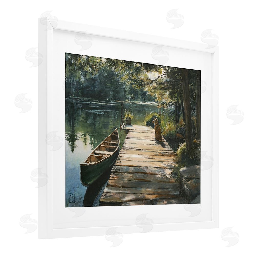 Sara Culpepper Lake Life Dog on Dock White Framed Print Under Glass Wall Art