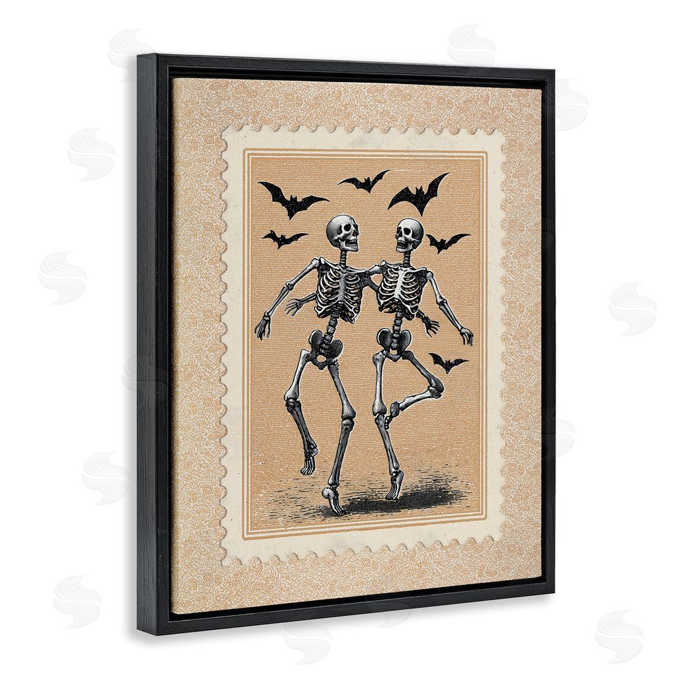 Arlington Prints Vintage Dancing Skeletons Stamp Black Floating Frame Canvas Wall Art Print