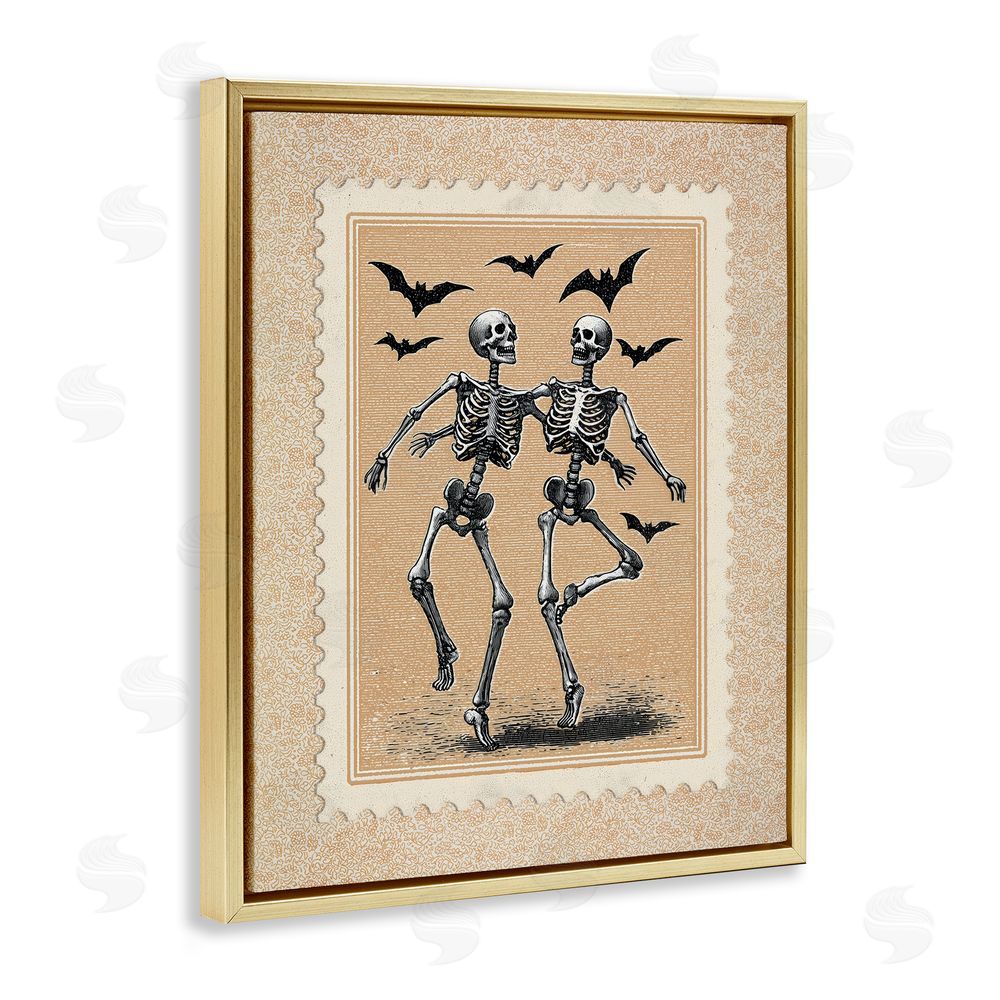 Arlington Prints Vintage Dancing Skeletons Stamp Gold Floating Frame Canvas Wall Art Print