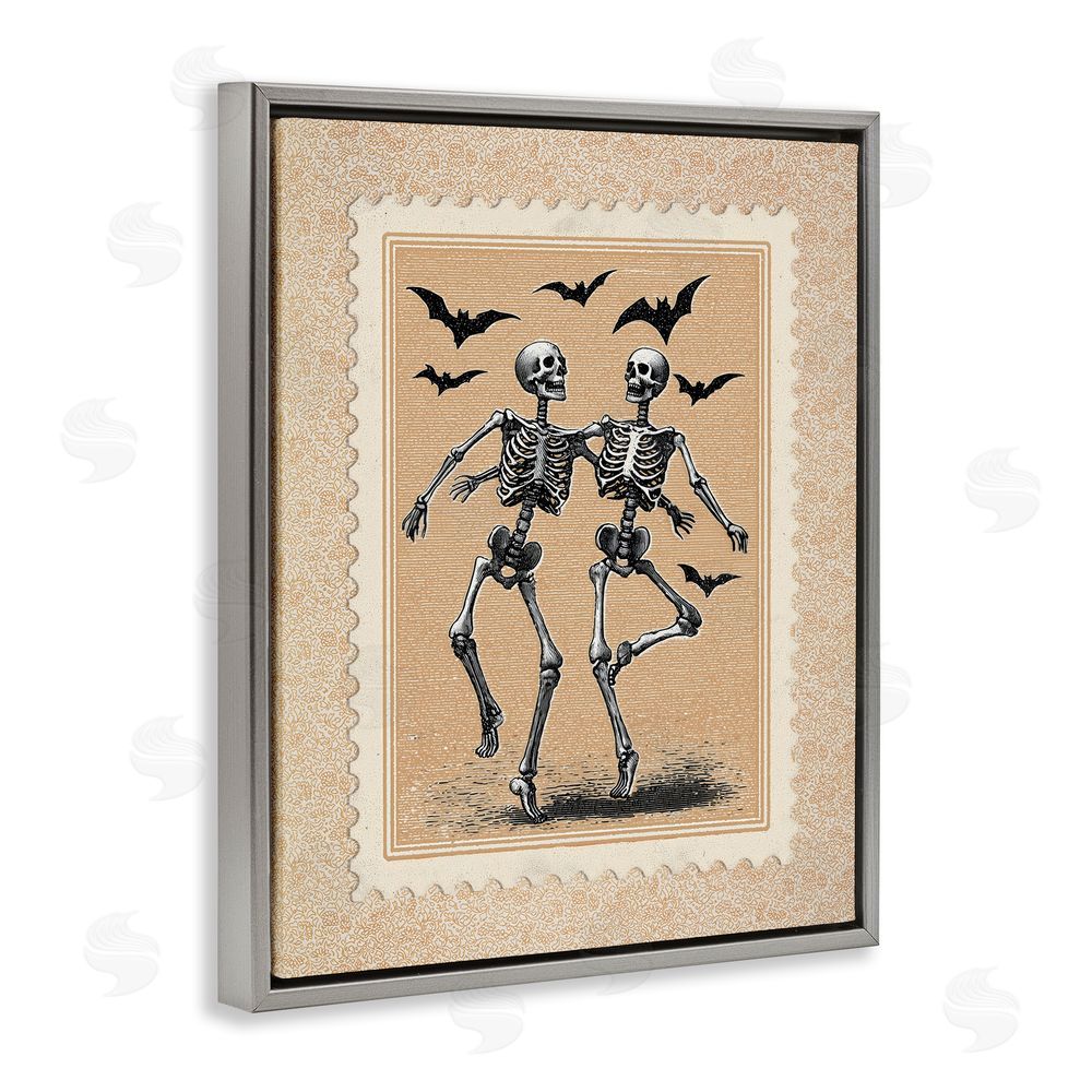 Arlington Prints Vintage Dancing Skeletons Stamp Gray Floating Frame Canvas Wall Art Print