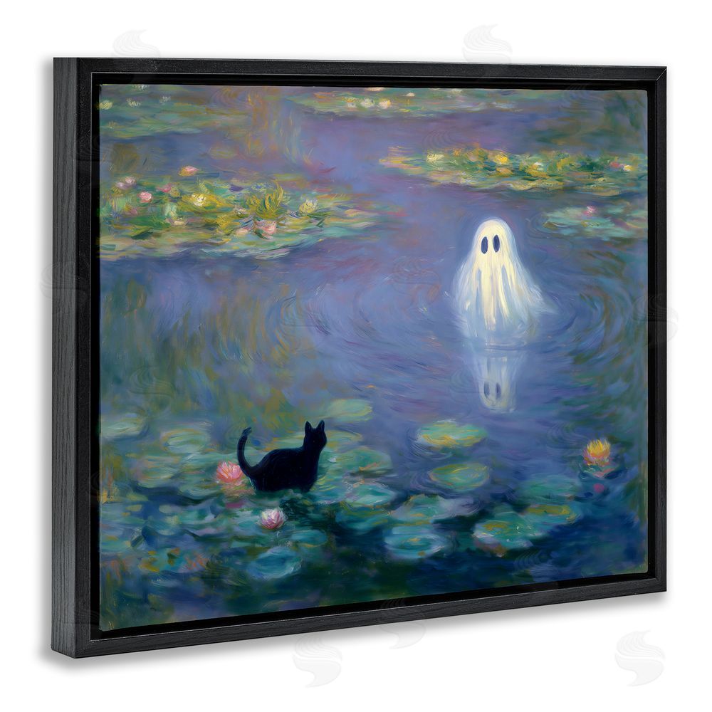 Arlington Prints Water Lilies with Ghost & Kitty Black Floating Frame Canvas Wall Art Print