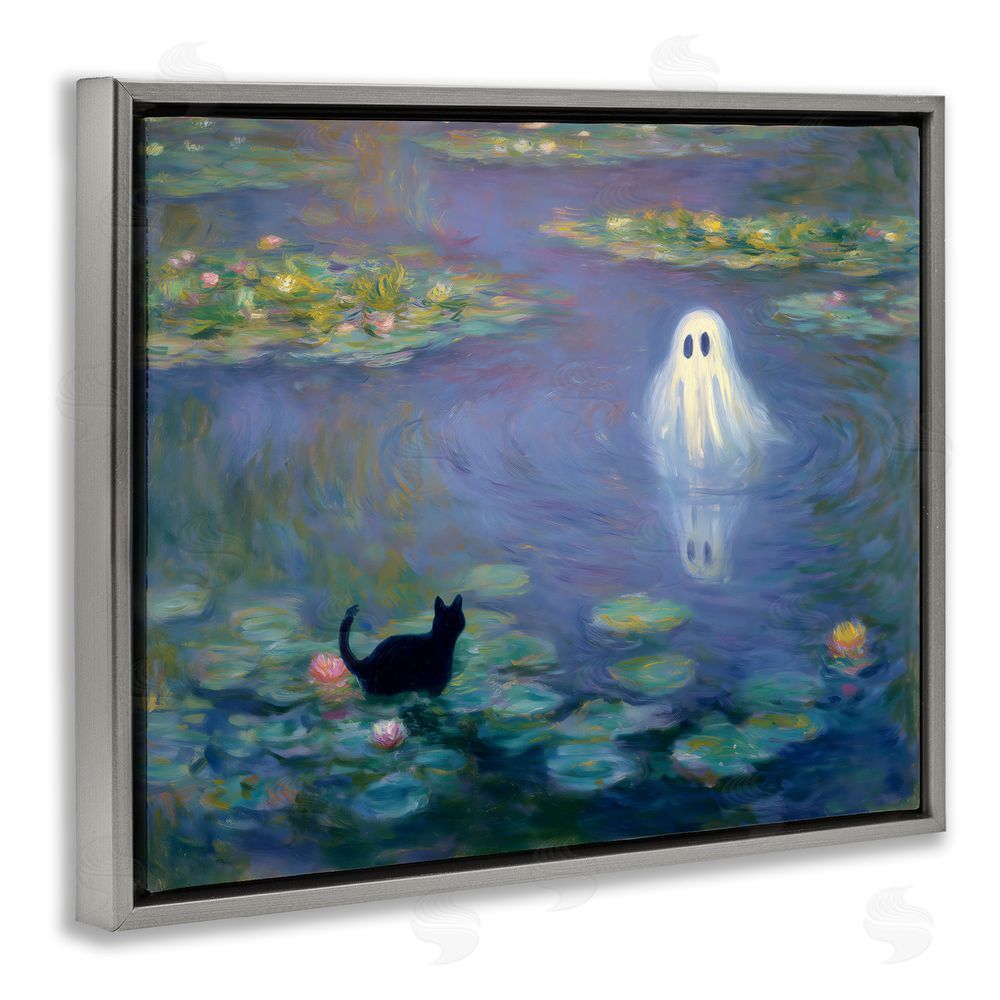 Arlington Prints Water Lilies with Ghost & Kitty Gray Floating Frame Canvas Wall Art Print