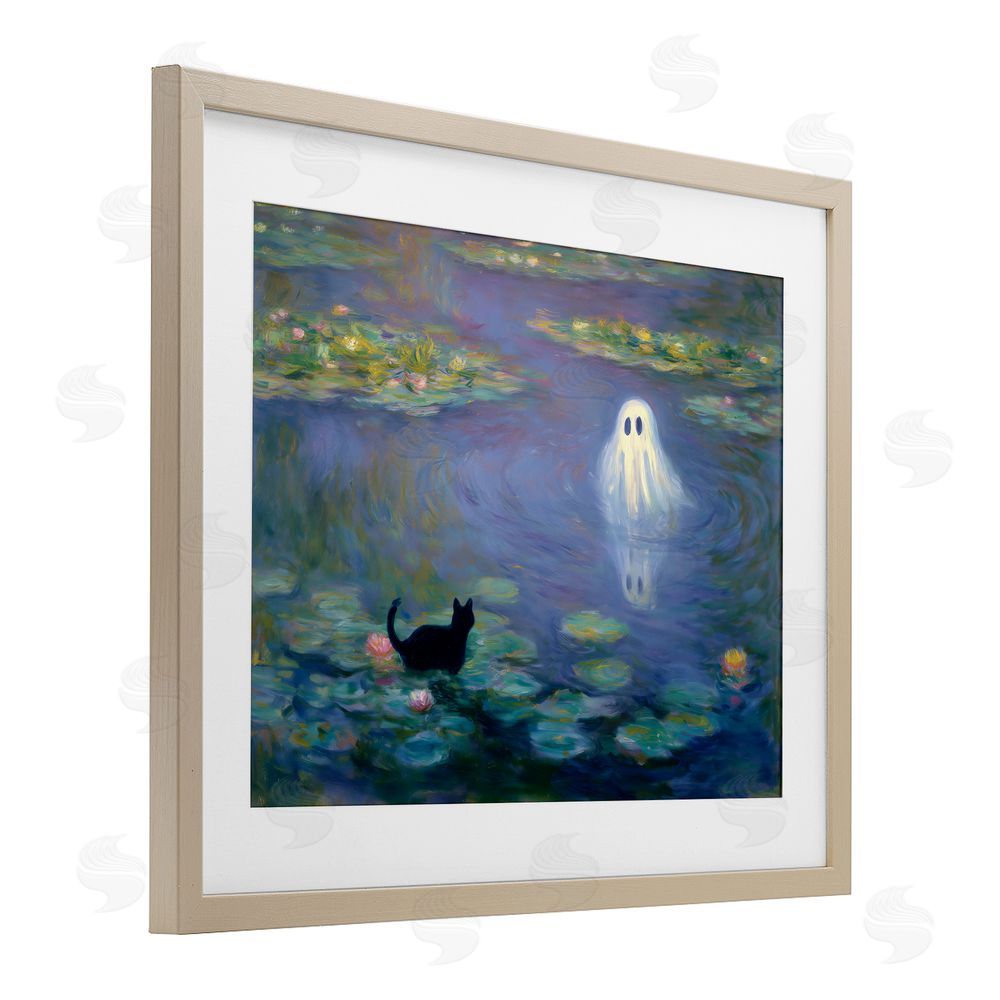 Arlington Prints Water Lilies with Ghost & Kitty Brown Framed Print Under Glass Wall Art