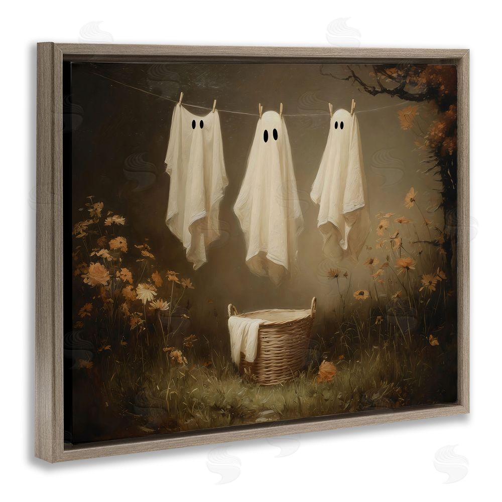 Arlington Prints Three Laundry Ghosts Hanging Brown Floating Frame Canvas Wall Art Print