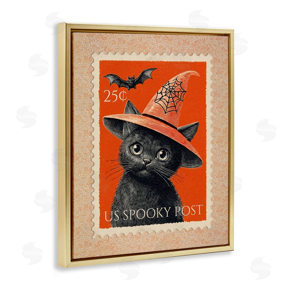 Arlington Prints Vintage Black Cat Stamp Gold Floating Frame Canvas Wall Art Print