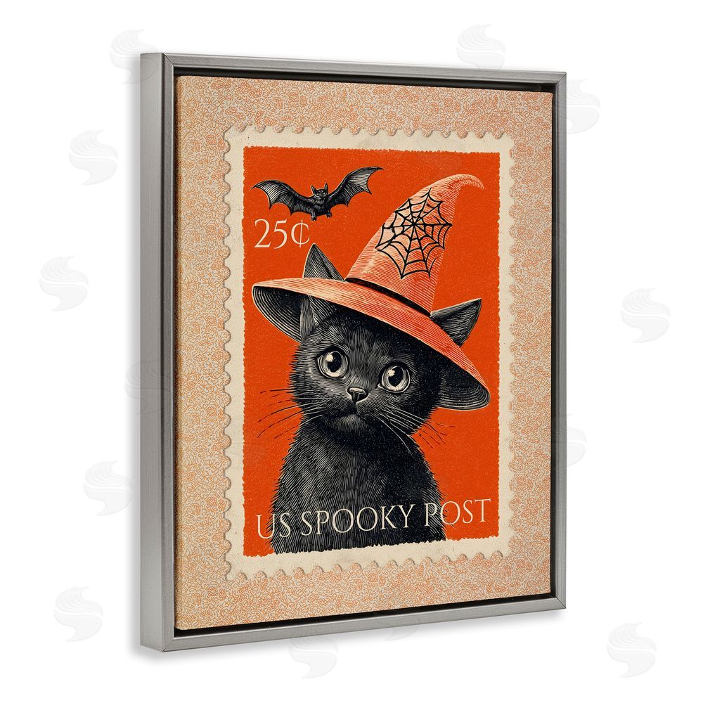 Arlington Prints Vintage Black Cat Stamp Gray Floating Frame Canvas Wall Art Print