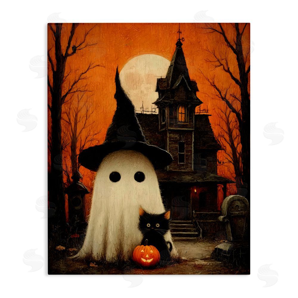 Arlington Prints Cute Ghost & Haunted House Stretched Canvas Wall Art Print