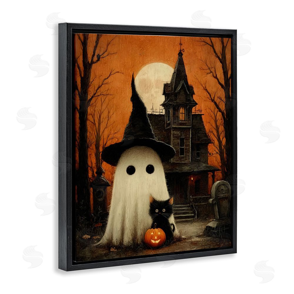 Arlington Prints Cute Ghost & Haunted House Black Floating Frame Canvas Wall Art Print