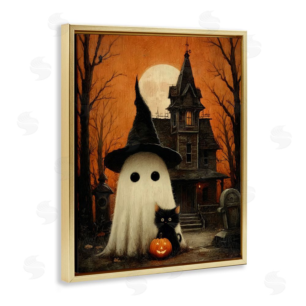 Arlington Prints Cute Ghost & Haunted House Gold Floating Frame Canvas Wall Art Print