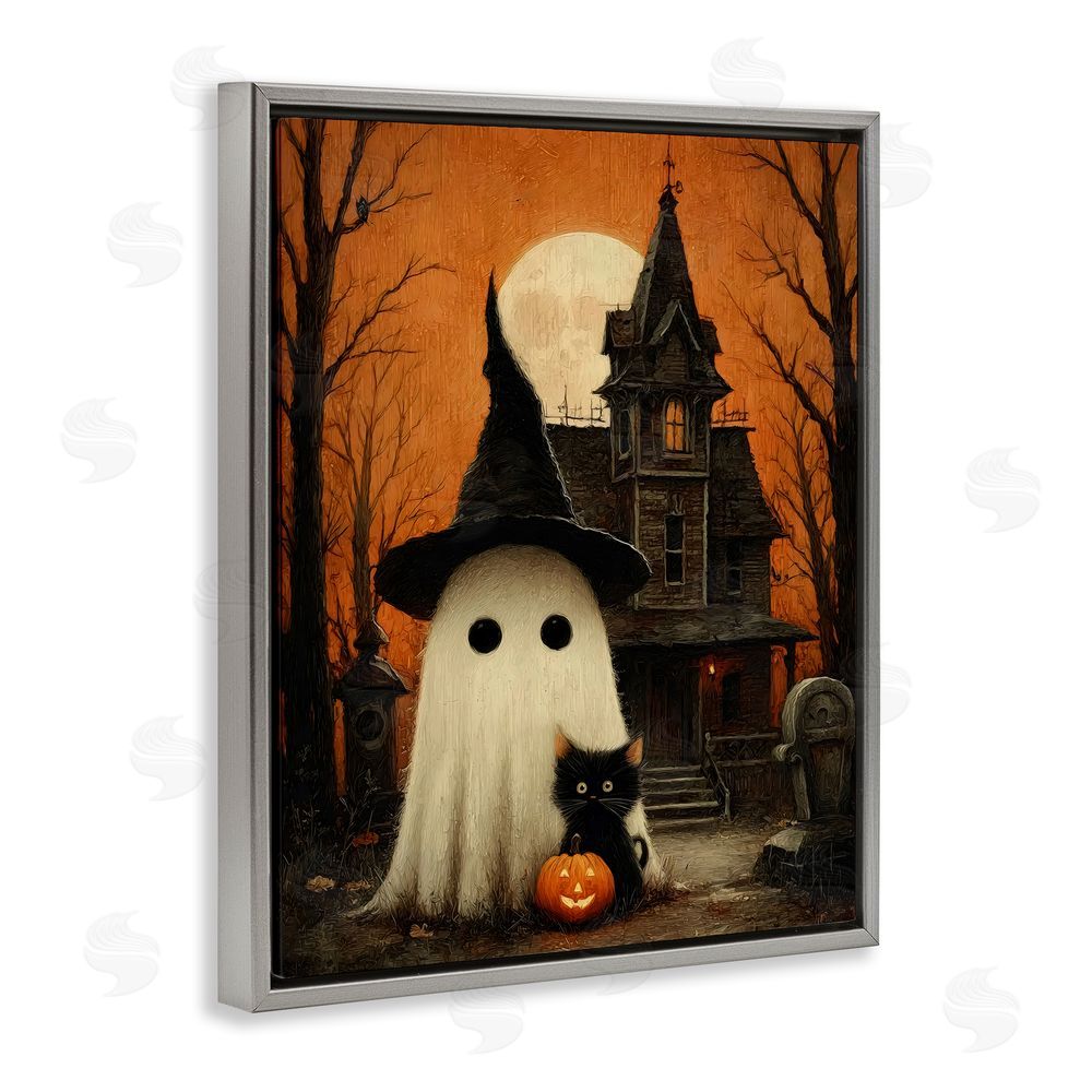 Arlington Prints Cute Ghost & Haunted House Gray Floating Frame Canvas Wall Art Print