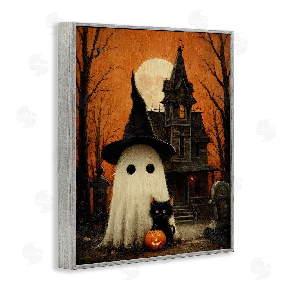 Arlington Prints Cute Ghost & Haunted House Gray Framed Giclee Print Wall Art