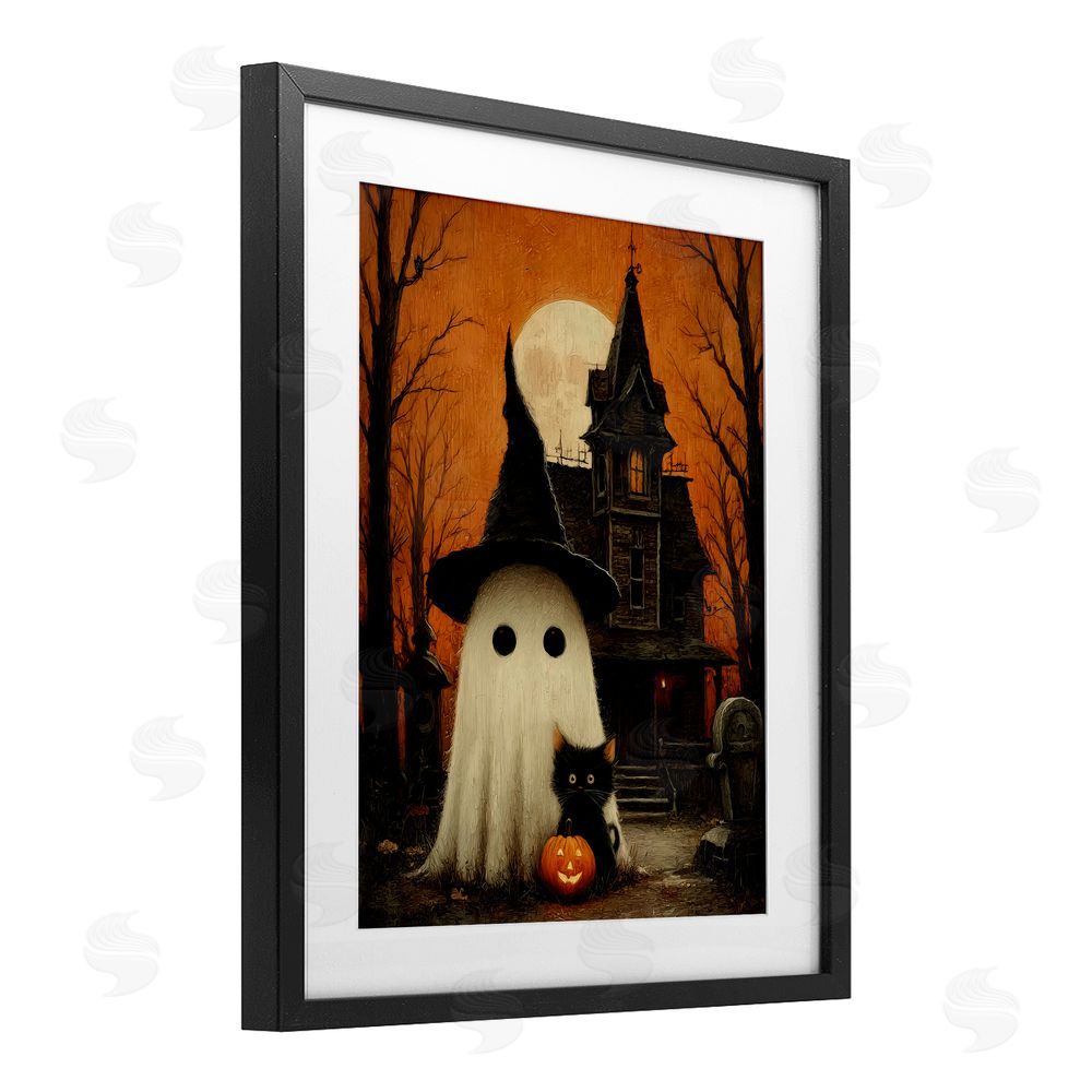 Arlington Prints Cute Ghost & Haunted House Black Framed Print Under Glass Wall Art