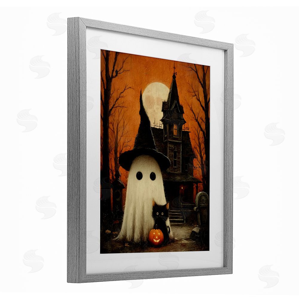 Arlington Prints Cute Ghost & Haunted House Gray Framed Print Under Glass Wall Art