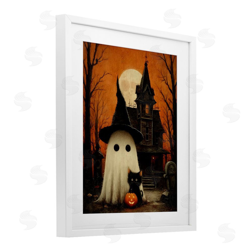 Arlington Prints Cute Ghost & Haunted House White Framed Print Under Glass Wall Art