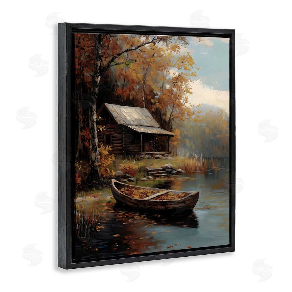 Arlington Prints Autumn Cabin Canoe with Leaves Black Floating Frame Canvas Wall Art Print