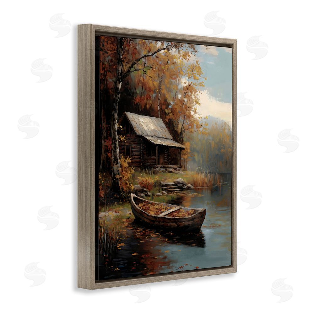 Arlington Prints Autumn Cabin Canoe with Leaves Brown Floating Frame Canvas Wall Art Print