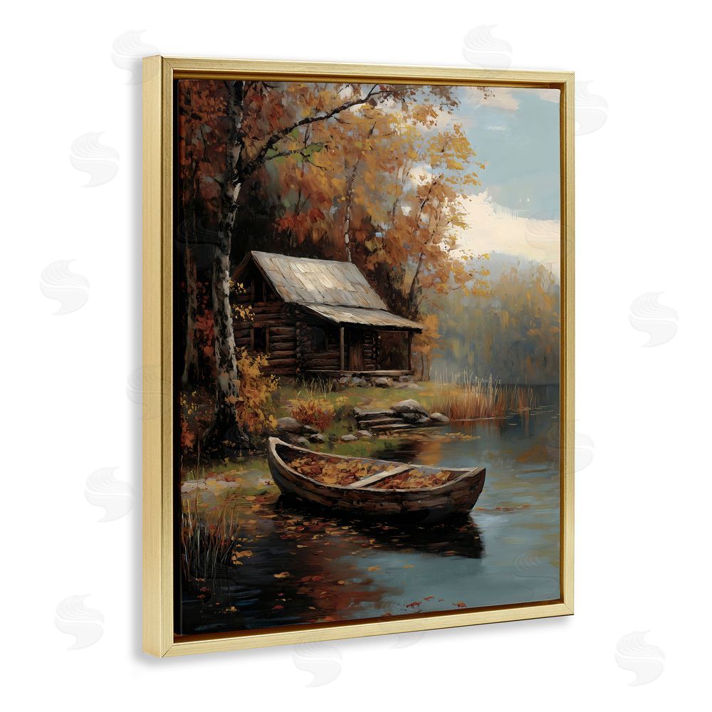Arlington Prints Autumn Cabin Canoe with Leaves Gold Floating Frame Canvas Wall Art Print