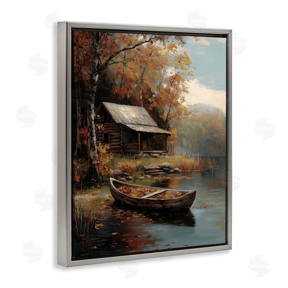 Arlington Prints Autumn Cabin Canoe with Leaves Gray Floating Frame Canvas Wall Art Print