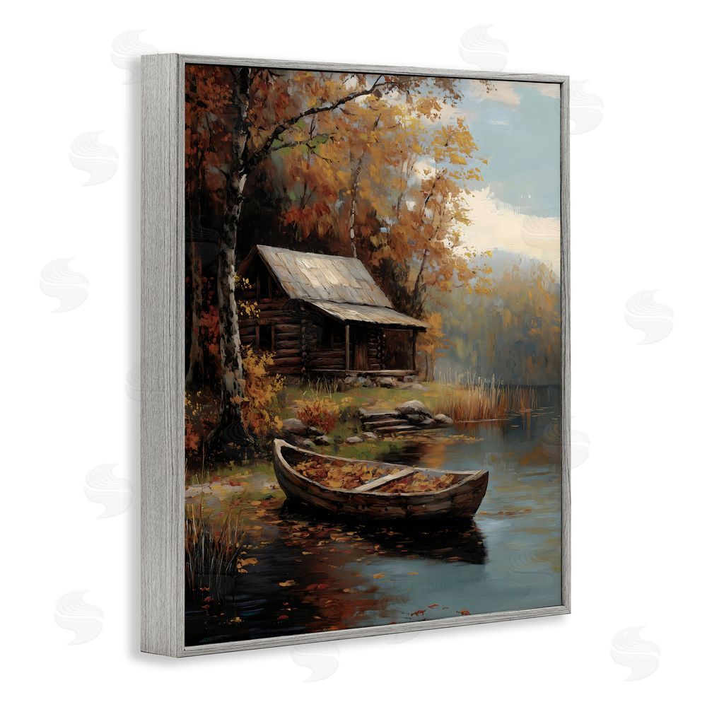 Arlington Prints Autumn Cabin Canoe with Leaves Gray Framed Giclee Print Wall Art