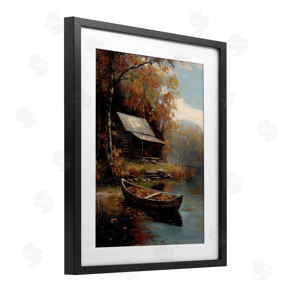 Arlington Prints Autumn Cabin Canoe with Leaves Black Framed Print Under Glass Wall Art