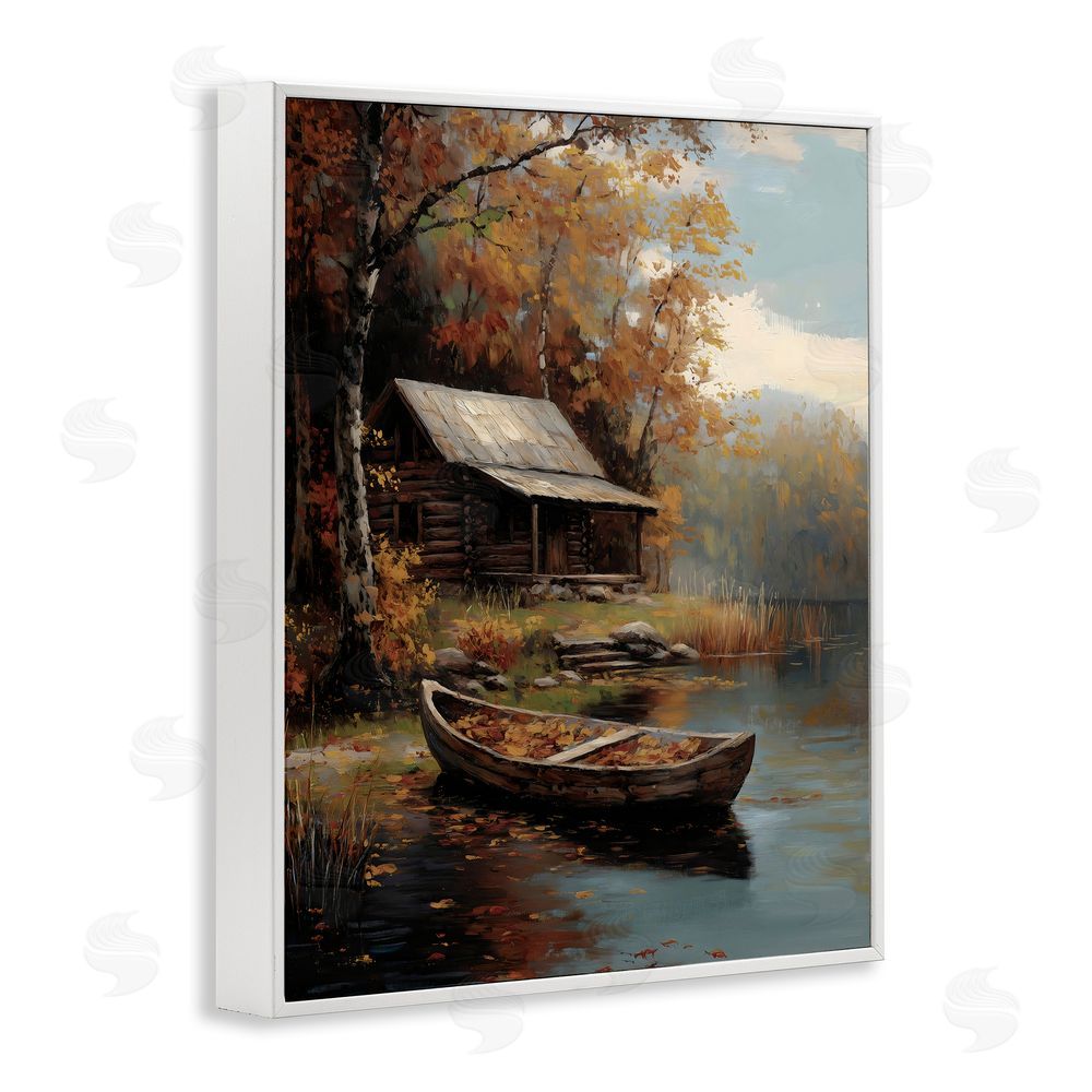 Arlington Prints Autumn Cabin Canoe with Leaves White Framed Giclee Print Wall Art