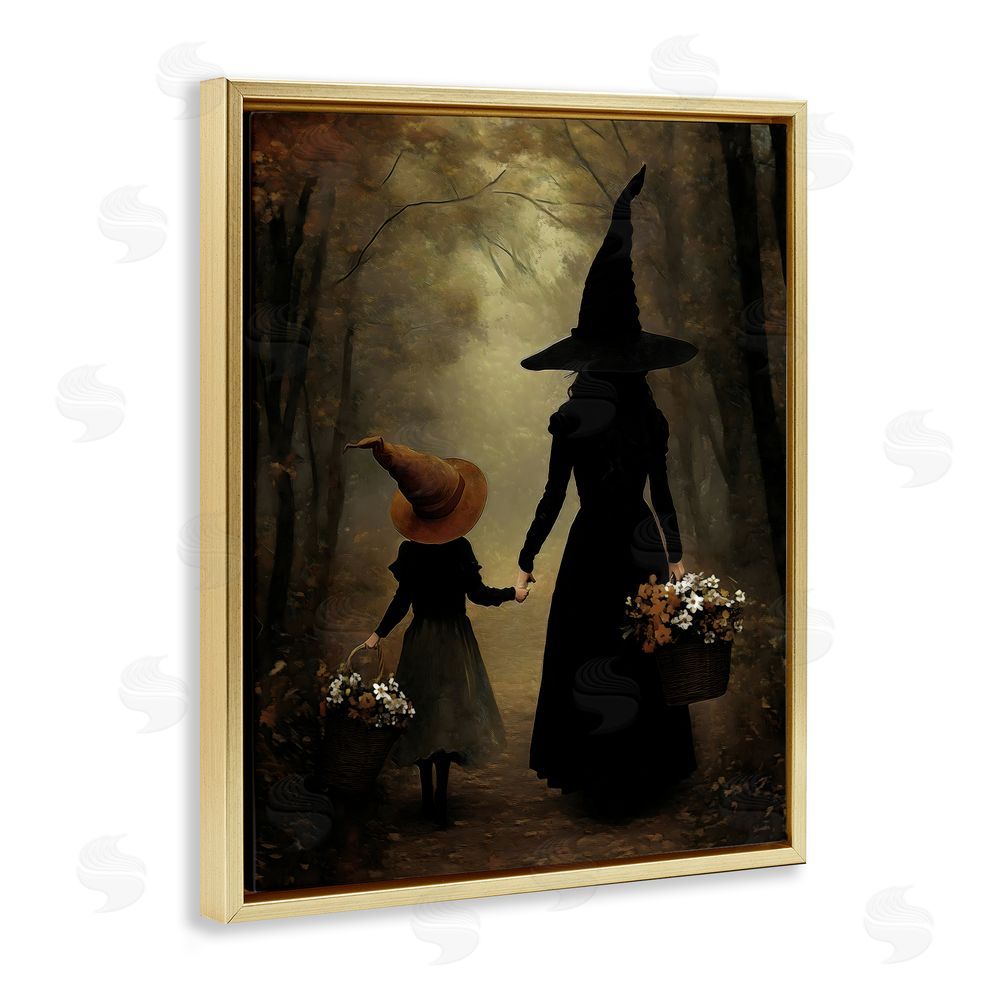Arlington Prints Witch & Daughter Mystical Forest Gold Floating Frame Canvas Wall Art Print