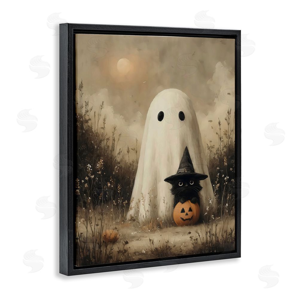 Arlington Prints Ghost with Black Kitten Black Floating Frame Canvas Wall Art Print