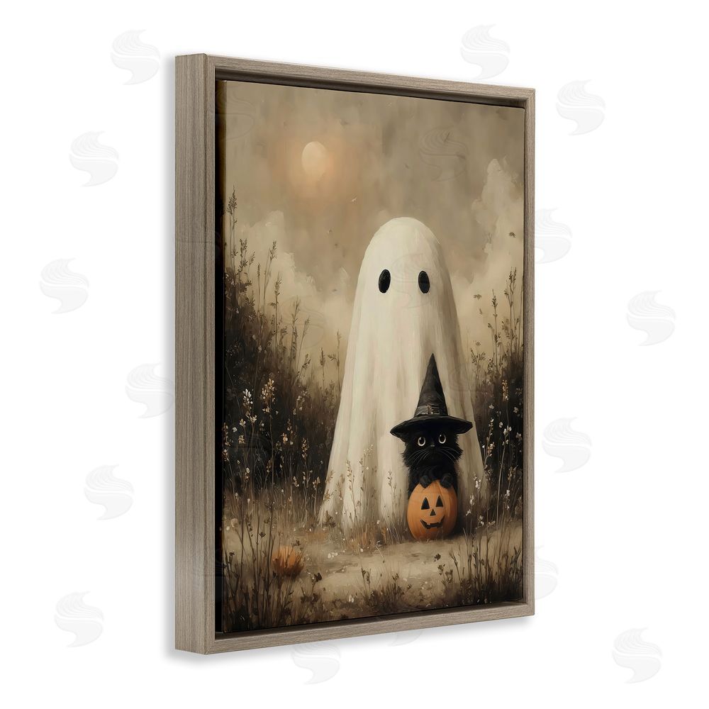 Arlington Prints Ghost with Black Kitten Brown Floating Frame Canvas Wall Art Print
