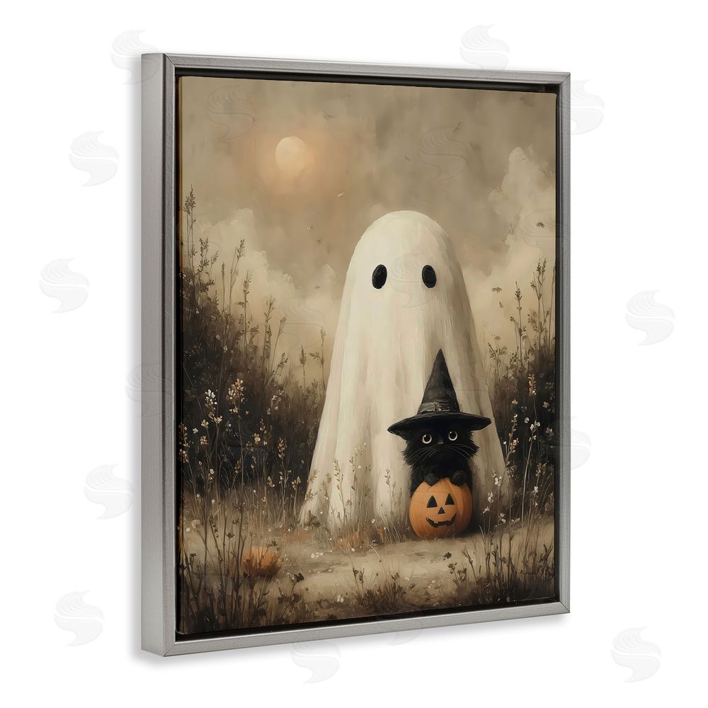 Arlington Prints Ghost with Black Kitten Gray Floating Frame Canvas Wall Art Print
