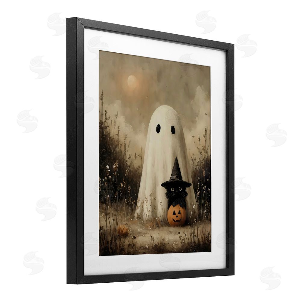 Arlington Prints Ghost with Black Kitten Black Framed Print Under Glass Wall Art