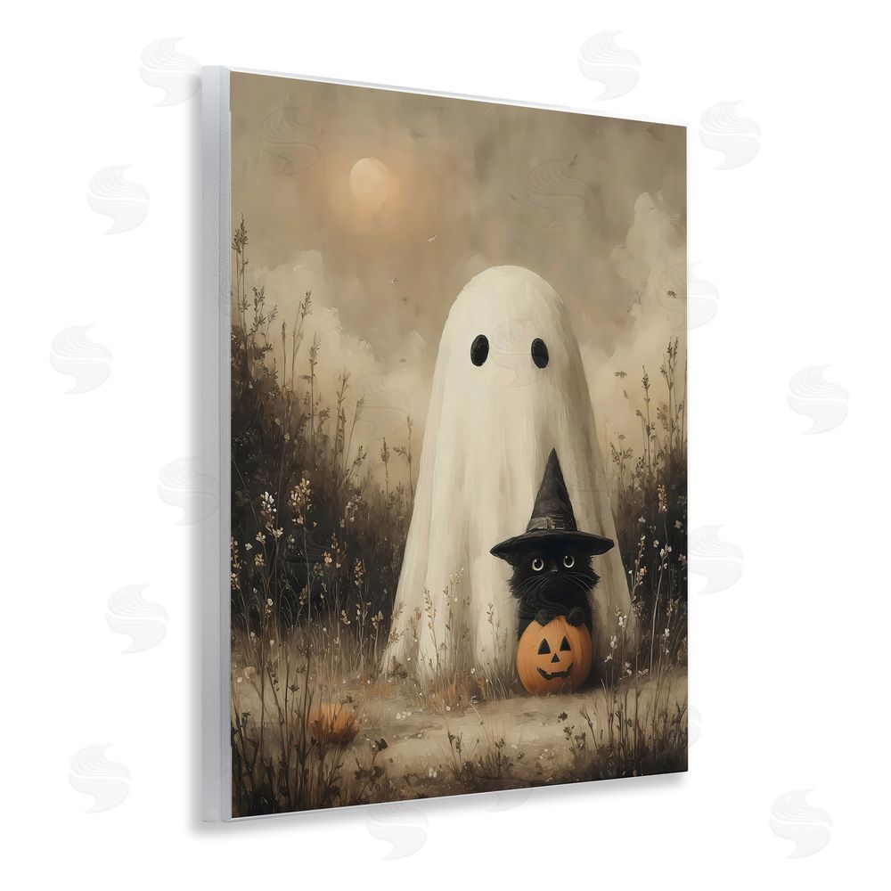 Arlington Prints Ghost with Black Kitten Wooden Wall Plaque Art Print